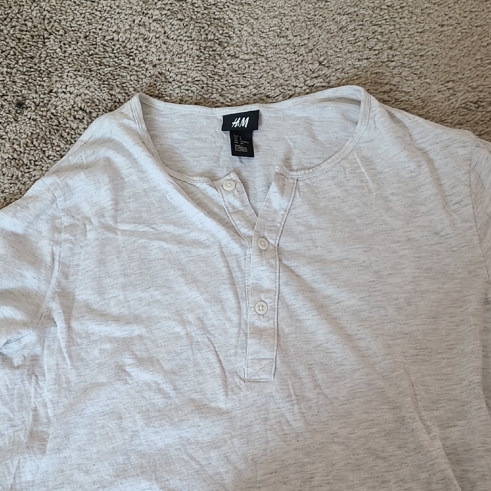 Light Gray Long Sleeve Henley Shirt Roll Up Sleeves - Picture 5 of 14
